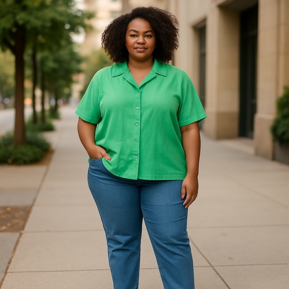 Lane Bryant Linen Blend Button Down Shirt Short Sleeve Green Plus Size 18/20